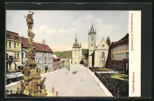 AK Teplitz Schönau / Teplice, Schlossplatz mit Dreifaltigkeitssäule