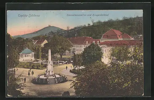 AK Teplitz Schönau / Teplice, Emanationspavillon und Kriegerdenkmal