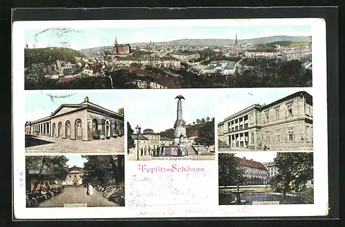 AK Teplitz Schönau / Teplice, Ortsansicht, Schlangenbad, Schlossgarten, Steinbad und Siegesdenkmal