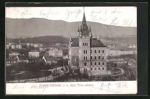 AK Teplitz Schönau / Teplice, Ortsansicht von der Bella Vista aus gesehen