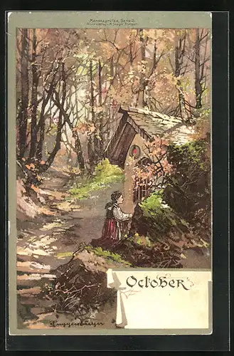 Künstler-AK Theodor Guggenberger: Oktober, Frau an der Waldhütte