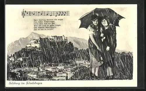AK Salzburg, Gesamtansicht im Schnürlregen, Lied in Text- und Notenzeilen, Frauen unter einem Regenschirm