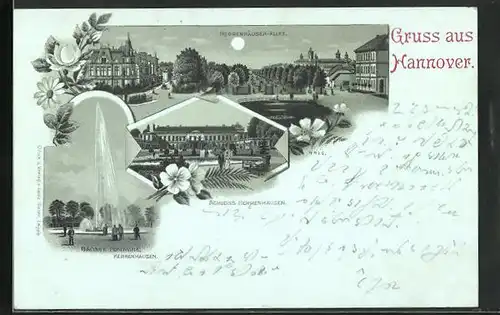 Mondschein-Lithographie Hannover, Grosse Fontaine, Schloss Herrenhausen, Herrenhauser-Allee