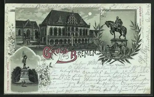 Mondschein-Lithographie Bremen, Rathaus, Kriegerdenkmal, Denkmal Wilhelm I.