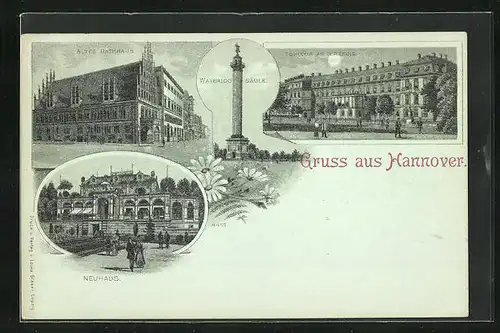 Mondschein-Lithographie Hannover, Neuhaus, Altes Rathaus, Waterloo-Säule, Schloss an der Leime