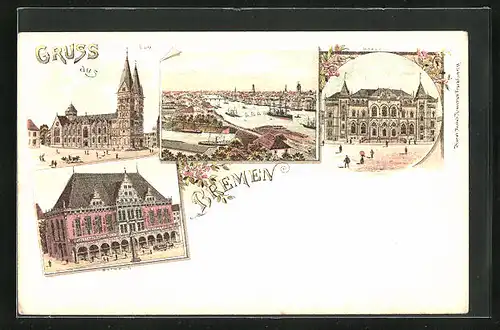 Lithographie Bremen, Dom, Rathaus, Börse, Panorama