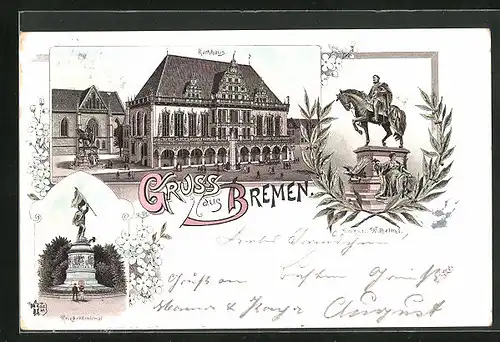 Lithographie Bremen, Kriegerdenkmal, Rathaus, Denkmal Wilhelm I.