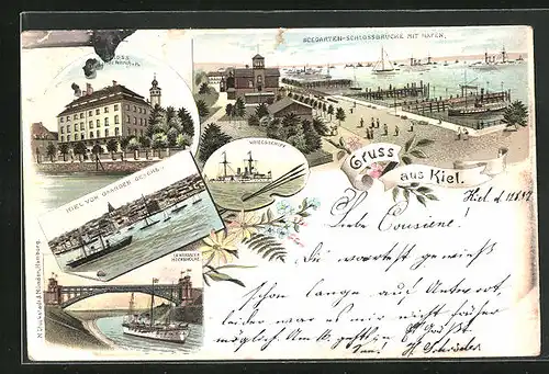 Lithographie Kiel, Seegarten-Schlossbrücke mit Hafen, Schloss, Lewensauer Hochbrücke
