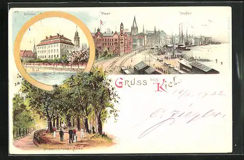 Lithographie Kiel, Schloss, Post und Hafen, Düsternbroker-Allee