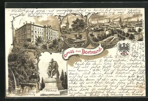 Lithographie Dortmund, Oberbergamt, Vehmlinde, Denkmal Kaiser Wilhelm I., Teilansicht, Wappen
