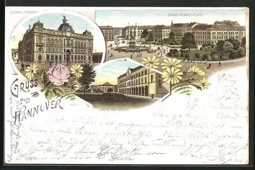 Lithographie Hannover, Lyceum, Realschule, Kaiserl. Postamt, Ernst-August-Platz