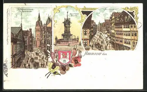 Lithographie Hannover, Kobelingerstrasse mit Marktkirche, Oscar Winter-Brunnen, Marktstrasse