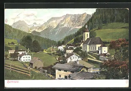 AK Ramsau, Ortsansicht mit Gebirgskette