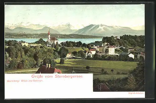 AK Starnberg, Blick über den Ort und Starnberger See ins Gebirge