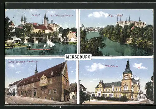AK Merseburg, Schloss mit Waterloobrücke, Ständehaus, Altes Rathaus, Ratskeller