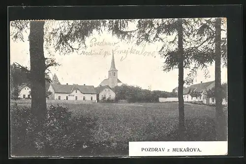 AK Mukarov, Ortsansicht mit Kirche