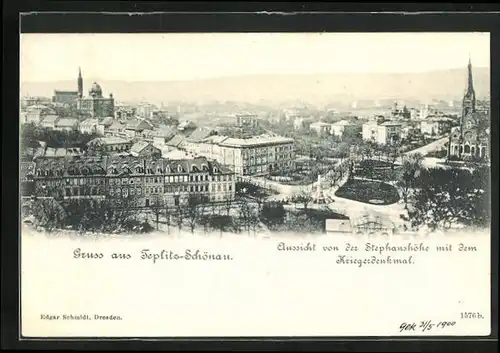 AK Teplitz Schönau / Teplice, Aussicht von der Stephanshöhe mit dem Kriegerdenkmal