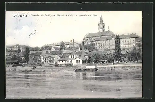 AK Leitmeritz / Litomerice, Elbeseite mit Domkirche, Bischöfliche Residenz und Dampfschiffstation