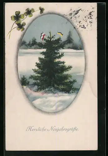 AK Herzliche Neujahrsgrüsse, beflaggter Weihnachtsbaum