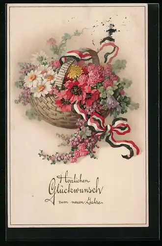 AK Neujahrsgrüsse mit einem Blumenkorb und Schleifenband mit den Farben des deutschen Reiches