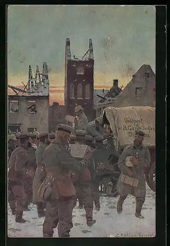 Künstler-AK Soldaten bei der Ankunft von Liebesgaben bei der Feldpost