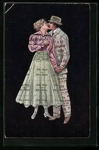 AK Junges Paar beim Küssen mit Ausweis über den Verbrauch von Brot und Mehl auf der Kleidung, Kriegsnot