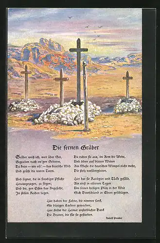 AK Deutsche Soldatengräber in Südwestafrika, Gedicht Die fernen Gräber