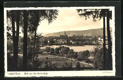 AK Saalfeld, Ortsansicht aus der Vogelschau, Blick zur Kirche