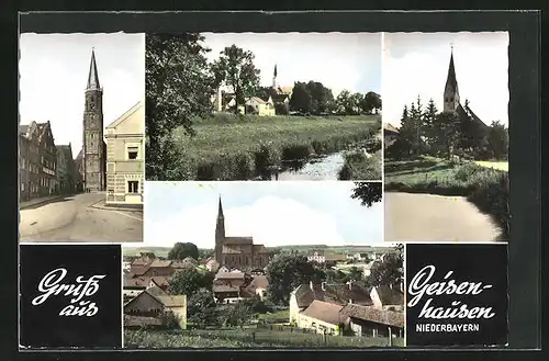 AK Geisenhausen, Ortsansicht, Blick zur Kirche, Uferpartie