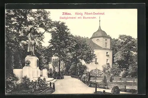 AK Zittau, König Albert-Denkmal, Stadtgärtnerei mit Blumenuhr