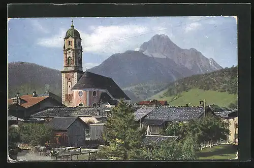 AK Mittenwald, Blick auf Kirche und Wetterstein