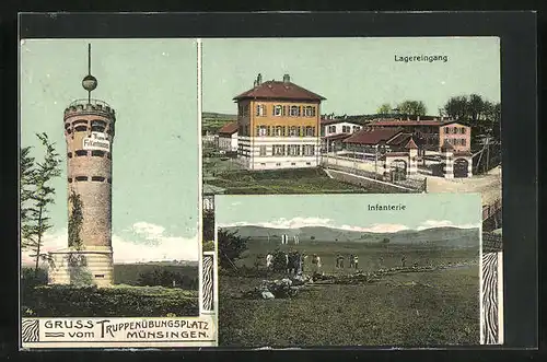 AK Münsingen, Truppenübungsplatz, Lagereingang, Infanterie und Thurm Falkenhausen