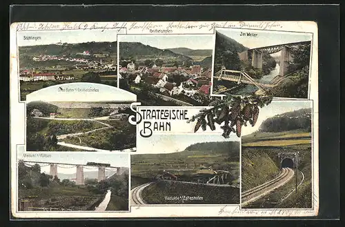 AK Grimmelshofen, Ortsansicht, Eisenbahnstrecke und Viadukte, Blick auf Stühlingen