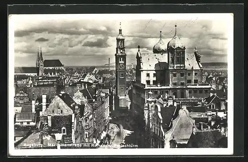 AK Augsburg, Maximilianstrasse mit Rathaus und Perlachturm