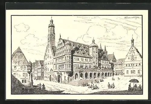 AK Rothenburg o. Tauber, Rathaus und Herterichbrunnen