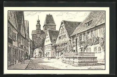 AK Rothenburg o. Tauber, Rödergasse mit Markusturm und Brunnen