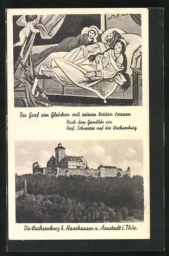 AK Haarhausen, Blick zur Wachsenburg, Graf von Gleichen mit seinen beiden Frauen