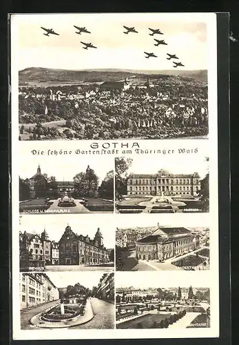 AK Gotha, Ortsansicht, Schloss und Denkmalplatz, Museum, Landestheater, Wasserkünste und Orangerie