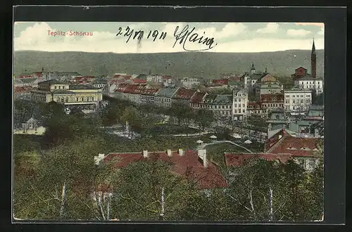AK Teplitz Schönau / Teplice, Ortsansicht aus der Vogelschau