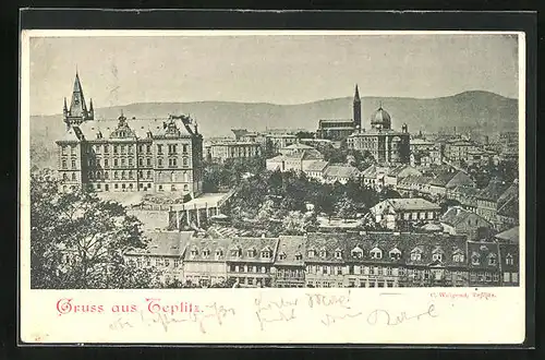 AK Teplitz Schönau / Teplice, Ortsansicht aus der Vogelschau