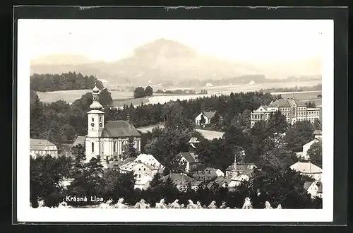 AK Schönlinde / Krasna Lipa, Ortsansicht mit Kirche