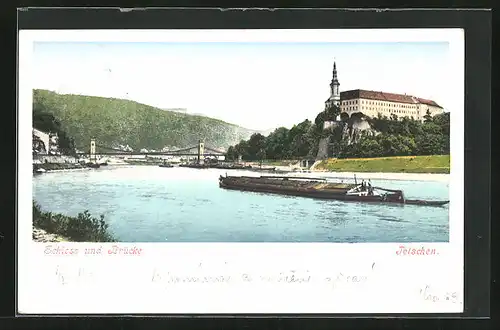 AK Tetschen-Bodenbach / Decin, Schloss und Brücke, Flusspartie