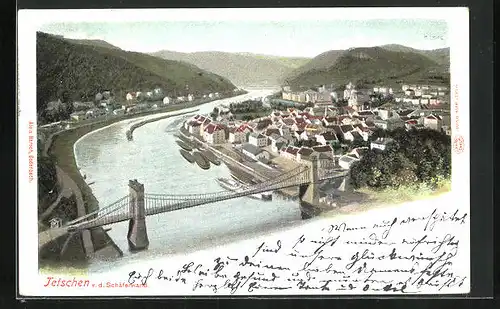 AK Tetschen-Bodenbach / Decin, Flusspartie mit Kettenbrücke von der Schäferwand aus gesehen