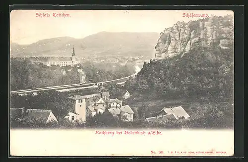 AK Tetschen-Bodenbach / Decin, Blick auf Rothberg, Schäferwand und Schloss Tetschen