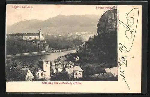 AK Tetschen-Bodenbach / Decin, Blick zum Schloss Tetschen und zur Schäferwand