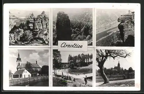 AK Arnoltice, Kirche, Schwimmbad und Felsenpartie