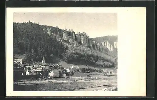 AK Dolní Grunt nad Labem, Flusspartie, Ortsansicht mit Kirche