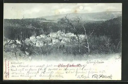 Mondschein-AK Ober-Eichwald, Ortsansicht aus der Vogelschau