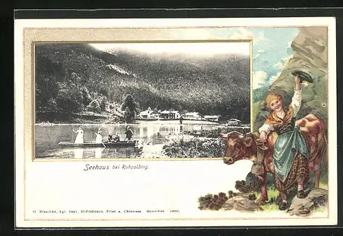Passepartout-Lithographie Seehaus bei Ruhpolding, Ortsansicht mit Boot, Dame in Tracht