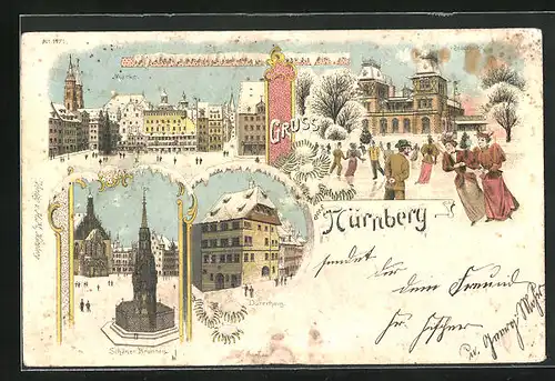 Winter-Lithographie Nürnberg, Dürerhaus, Brunnen, Markt